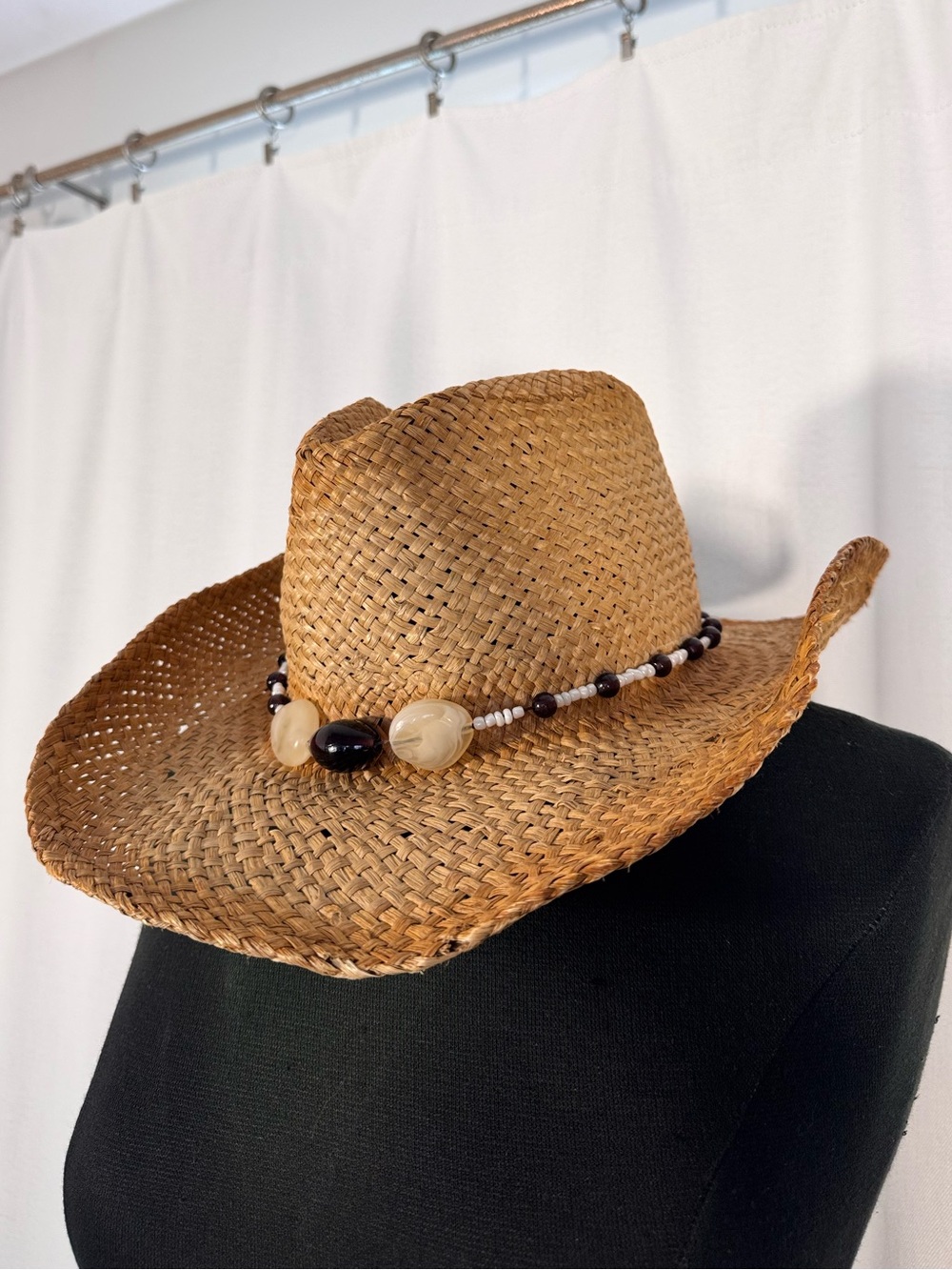 Vintage Western Straw Cowboy Hat with Beaded Band